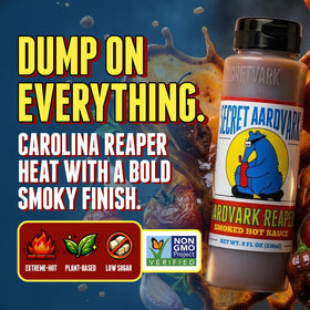Secret Aardvark Reaper Hot Sauce label close-up highlighting bold flavor and USA-made quality.