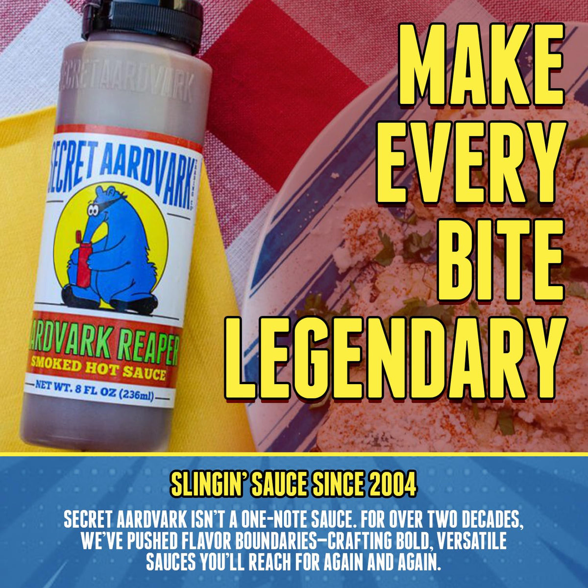 Secret Aardvark Reaper Hot Sauce bottle with USA flag, made in the USA.