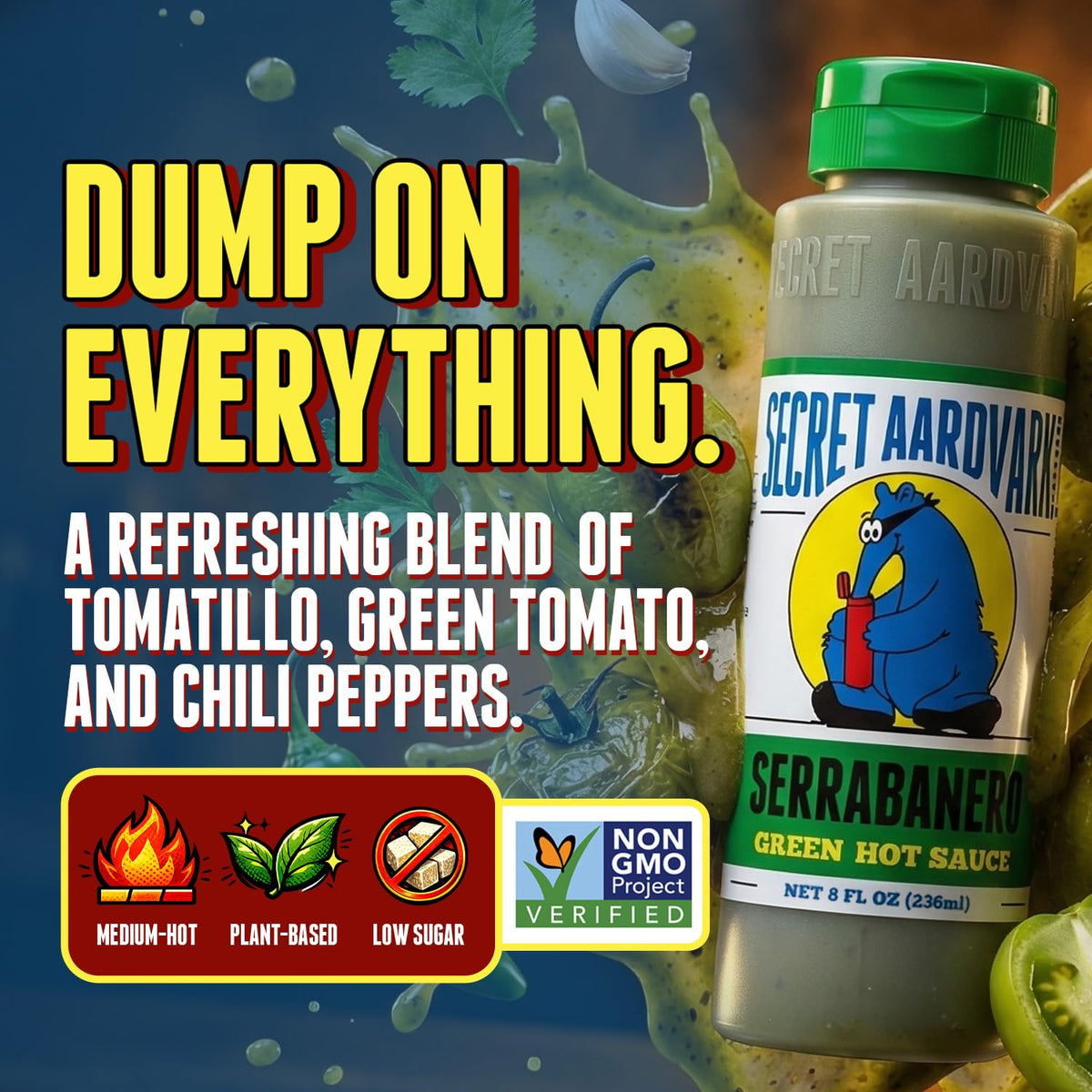Secret Aardvark Serrabanero bottle pour adding vibrant spice to dishes.