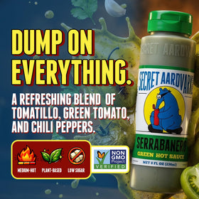 Secret Aardvark Serrabanero bottle pour adding vibrant spice to dishes.