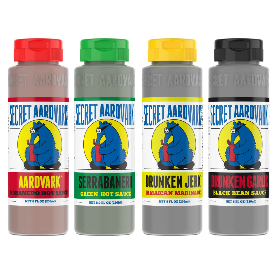 Secret Aardvark Serrabanero bottle close-up for bold heat in tacos