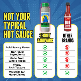 Secret Aardvark Serrabanero label closeup showing non-GMO, plant-based flavor.