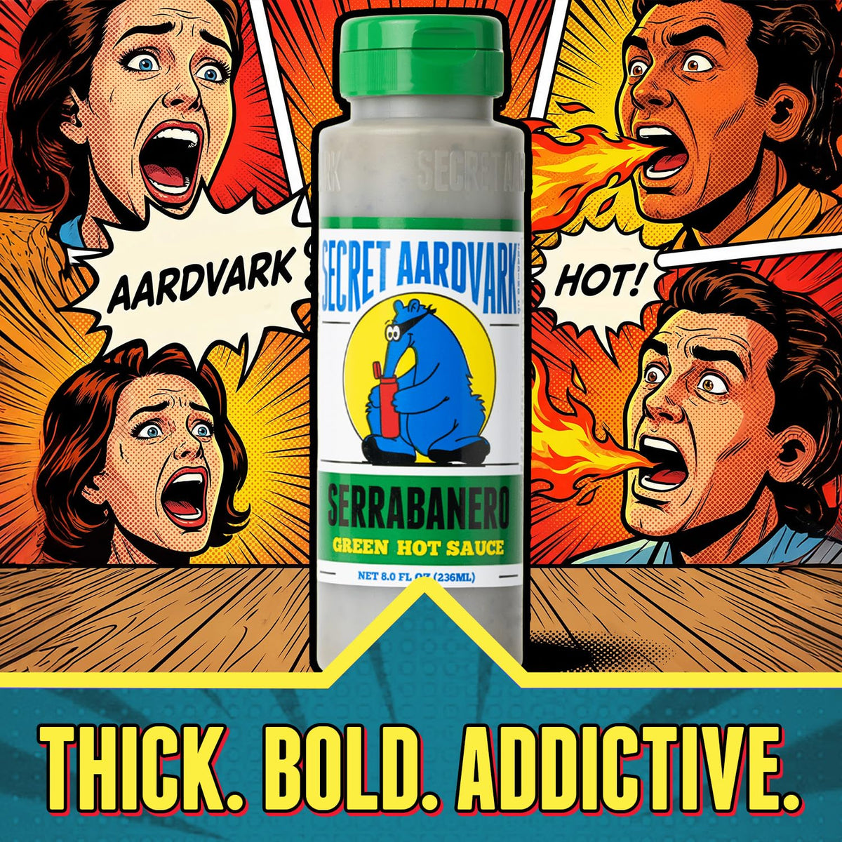 Secret Aardvark Serrabanero marinade bottle ideal for chicken or vegetables.
