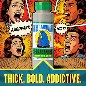 Secret Aardvark Serrabanero marinade bottle ideal for chicken or vegetables.