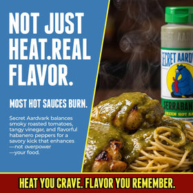 Secret Aardvark Serrabanero sauce swirl on plate, versatile green hot sauce.
