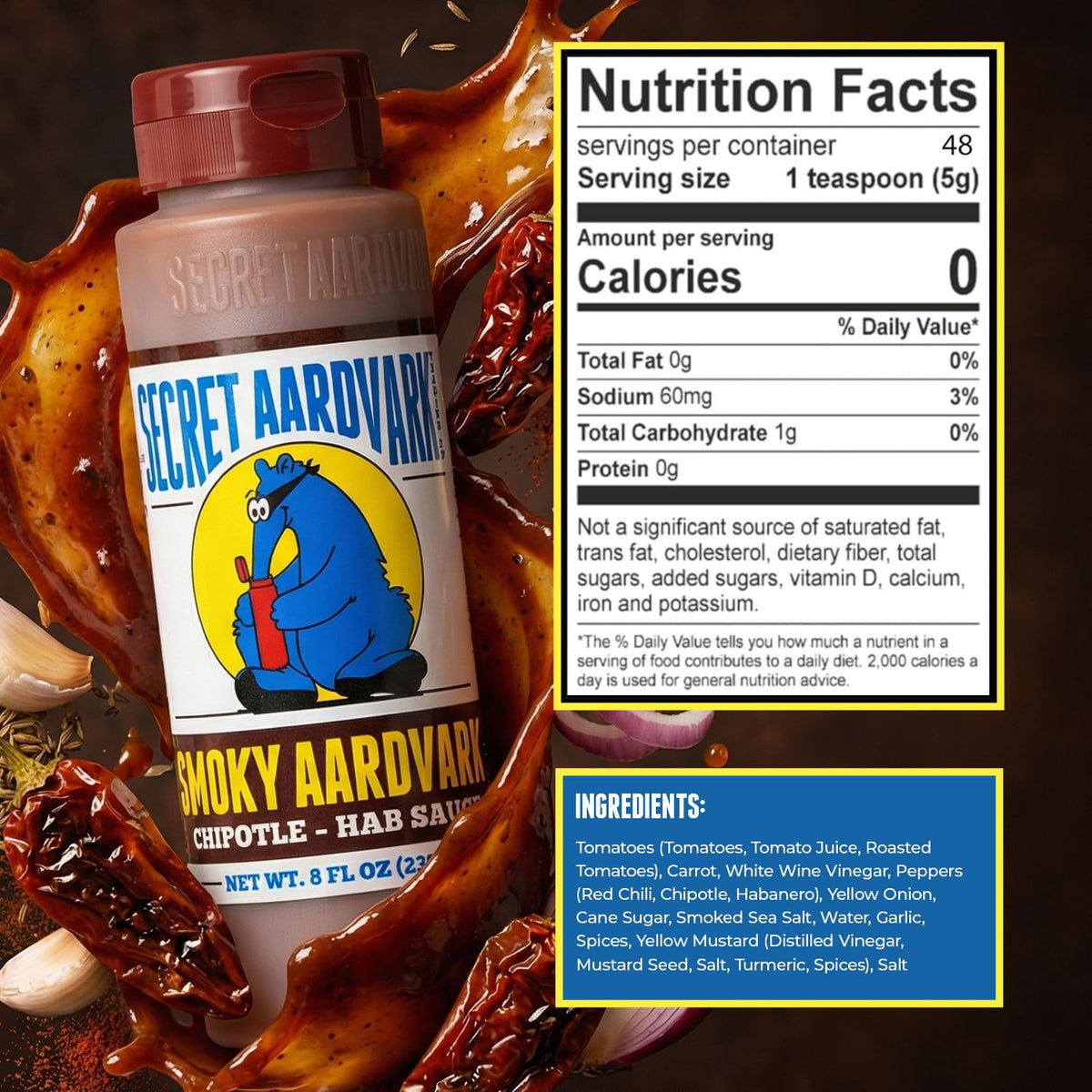 Secret Aardvark Smoky Chipotle Hot Sauce glaze over vegetables adds depth and sheen.