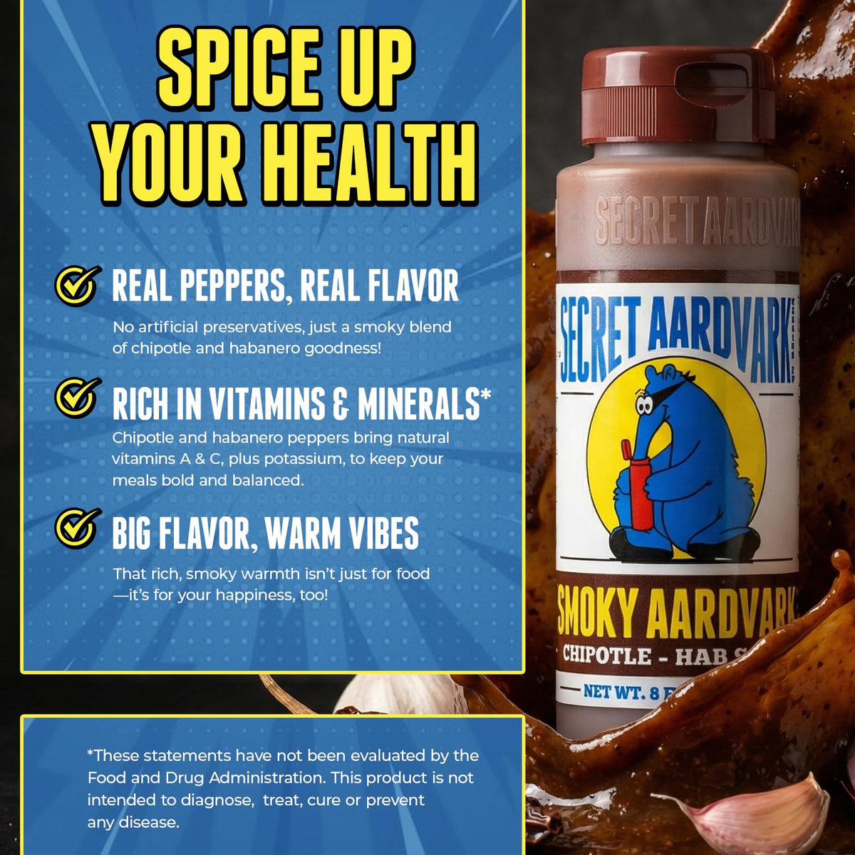 Secret Aardvark Smoky Chipotle Hot Sauce on grilled meats elevates savory notes during cooking.