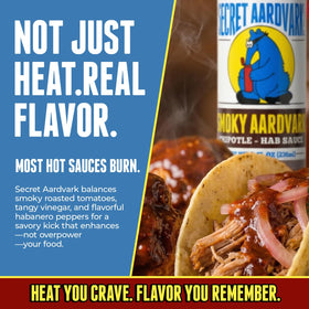 Secret Aardvark Smoky Chipotle Hot Sauce label closeup showcases premium ingredients.