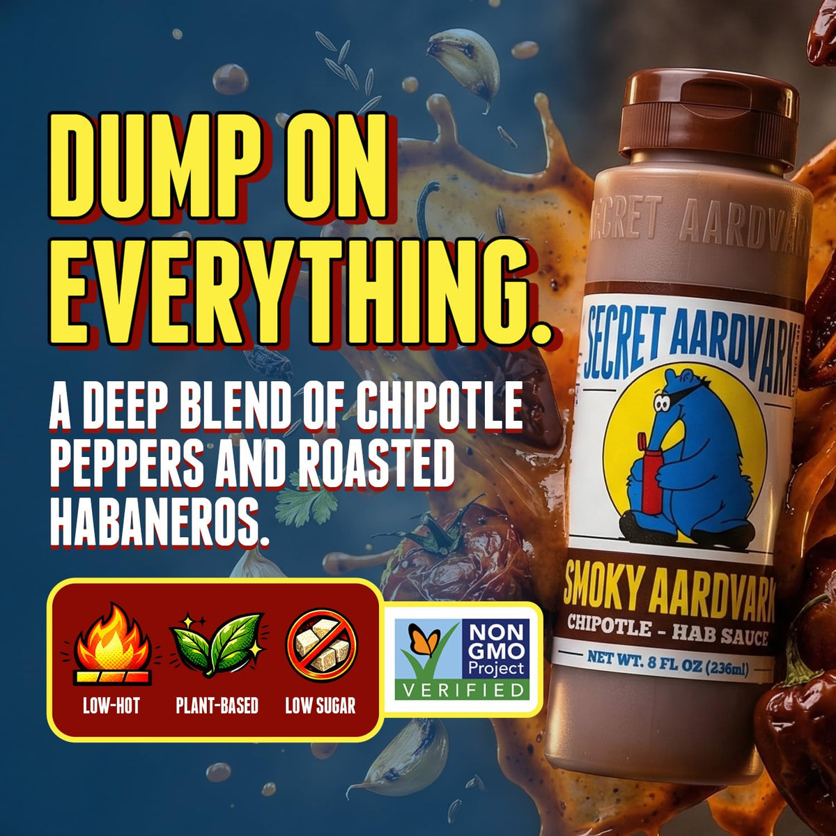 Secret Aardvark Smoky Chipotle Hot Sauce bottle pouring adds spice to grilled meats and vegetables.