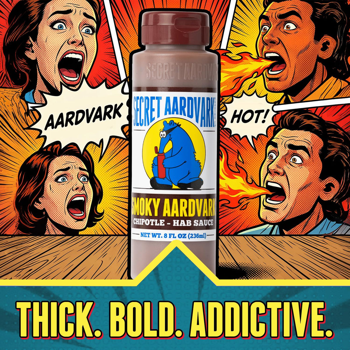 Secret Aardvark Smoky Chipotle Hot Sauce beside tacos suggests versatile finishing touch.