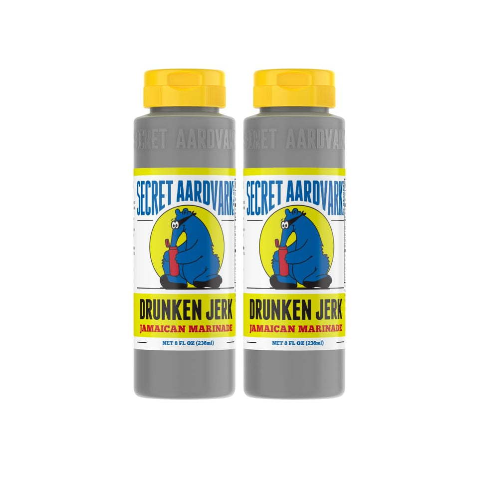 Secret Aardvark Drunken Jerk bottle ready for grilling, ideal on jerk chicken