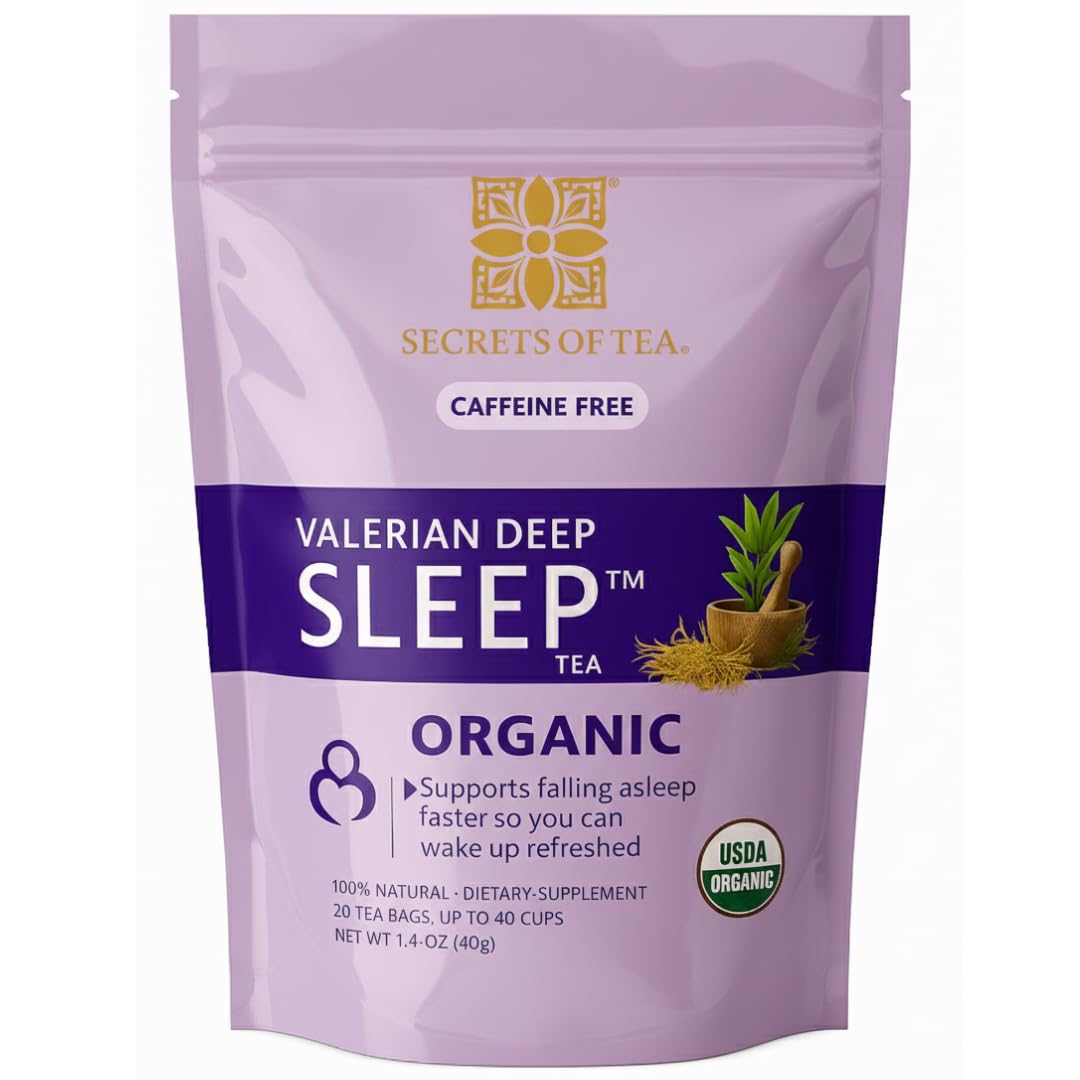 Secrets Of Tea Valerian Sleep Tea packaging close-up highlighting the organic blend.