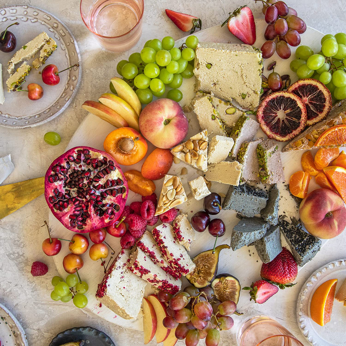 Halva crumbles on yogurt with fresh fruit for a crunchy topping
