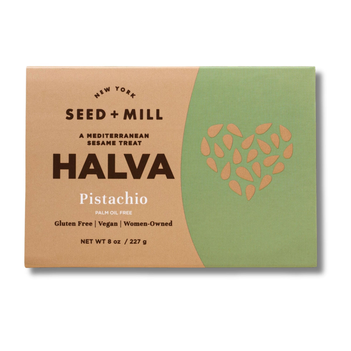 Seed + Mill pistachio halva packaging showcasing premium vegan snack