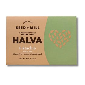 Seed + Mill pistachio halva packaging showcasing premium vegan snack
