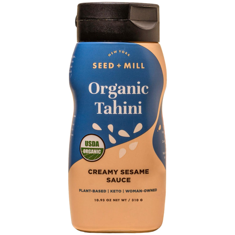 Seed + Mill tahini squeeze bottle label close-up, smooth sesame base
