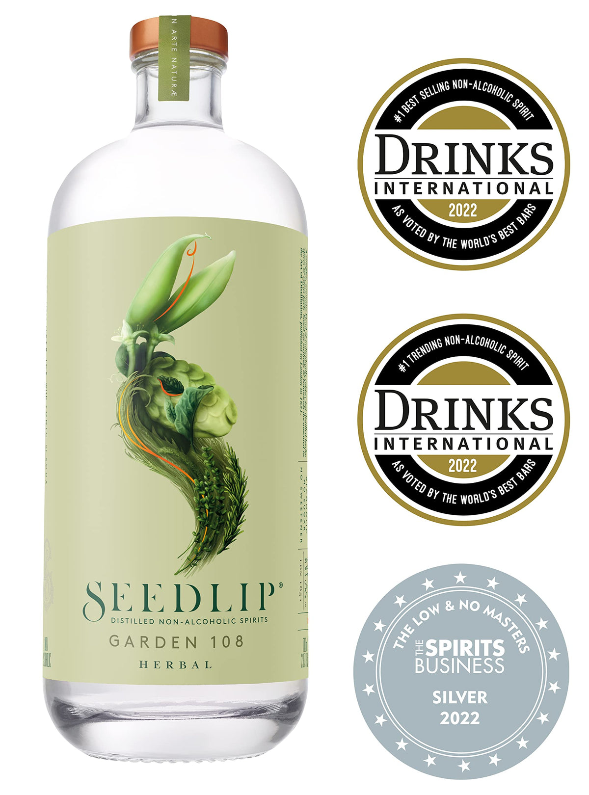 Seedlip Garden 108 botanicals display natural ingredients like peas, thyme, and rosemary