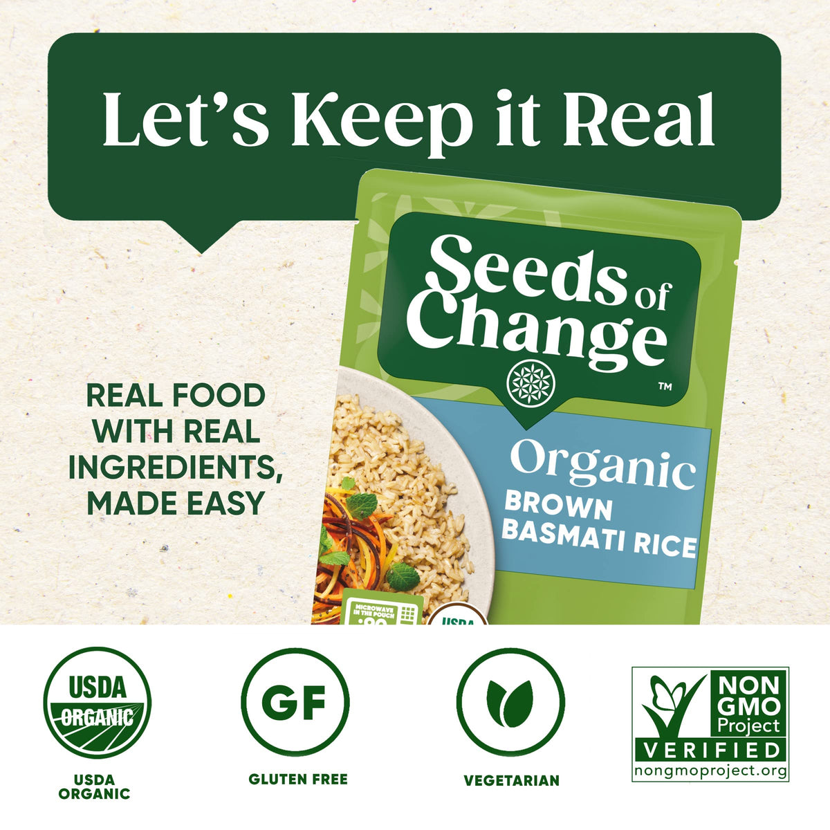 SEEDS OF CHANGE microwave-ready brown basmati rice in 90 seconds