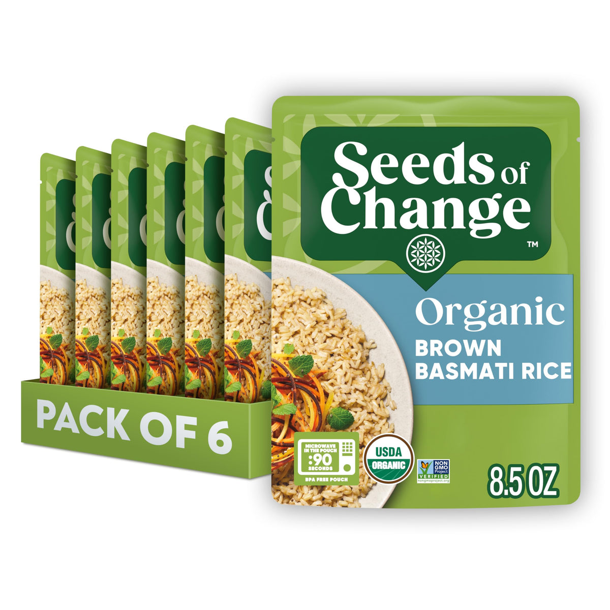 SEEDS OF CHANGE brown basmati rice pack with six convenient pouches for quick meals