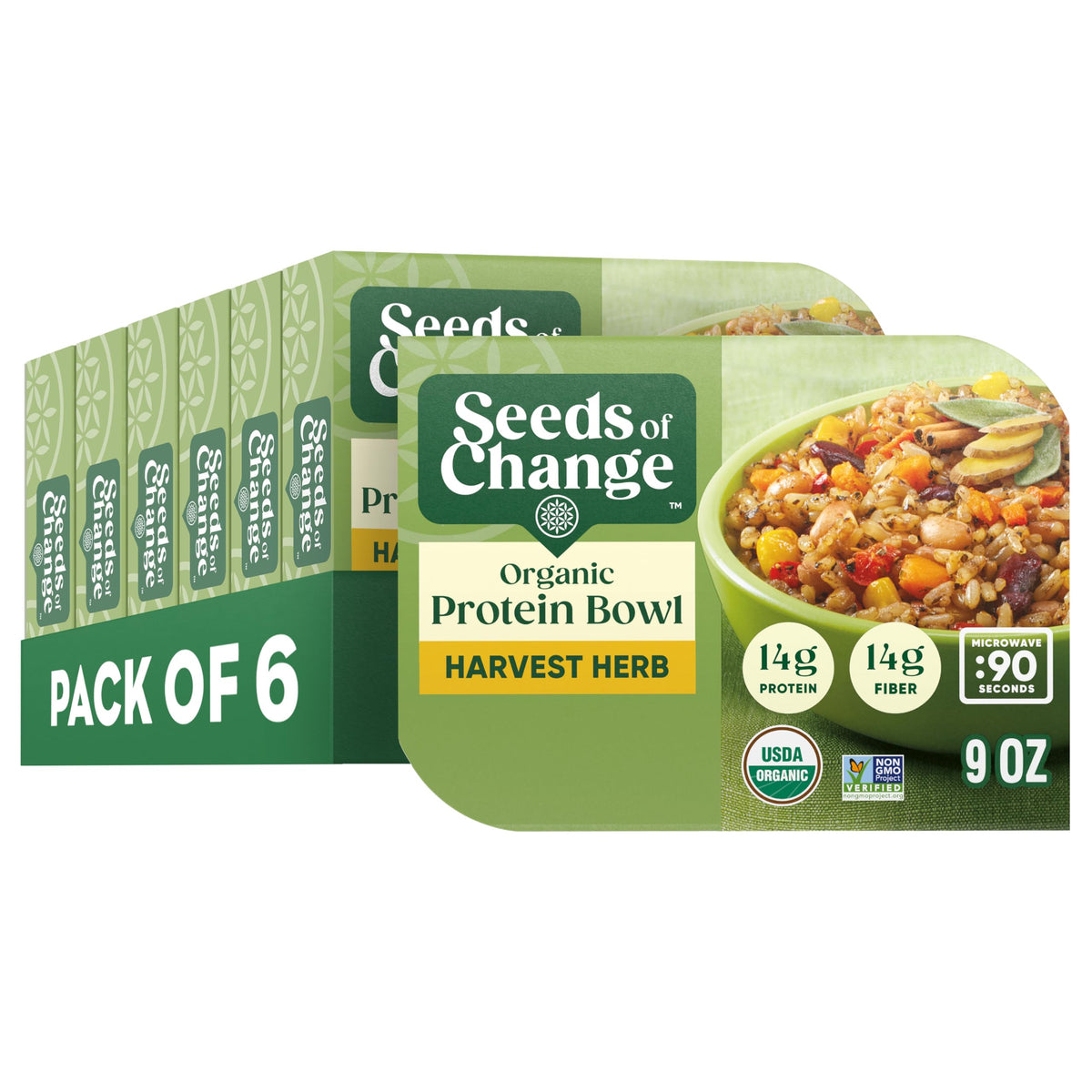 SEEDS OF CHANGE Harvest Herb Bowl packaging highlights organic ingredients for quick meals.