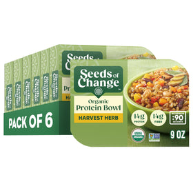 SEEDS OF CHANGE Harvest Herb Bowl packaging highlights organic ingredients for quick meals.