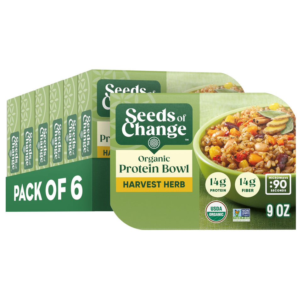 SEEDS OF CHANGE Harvest Herb Bowl packaging highlights organic ingredients for quick meals.