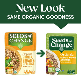 Steaming bowl shows SEEDS OF CHANGE ready-to-heat rice blend