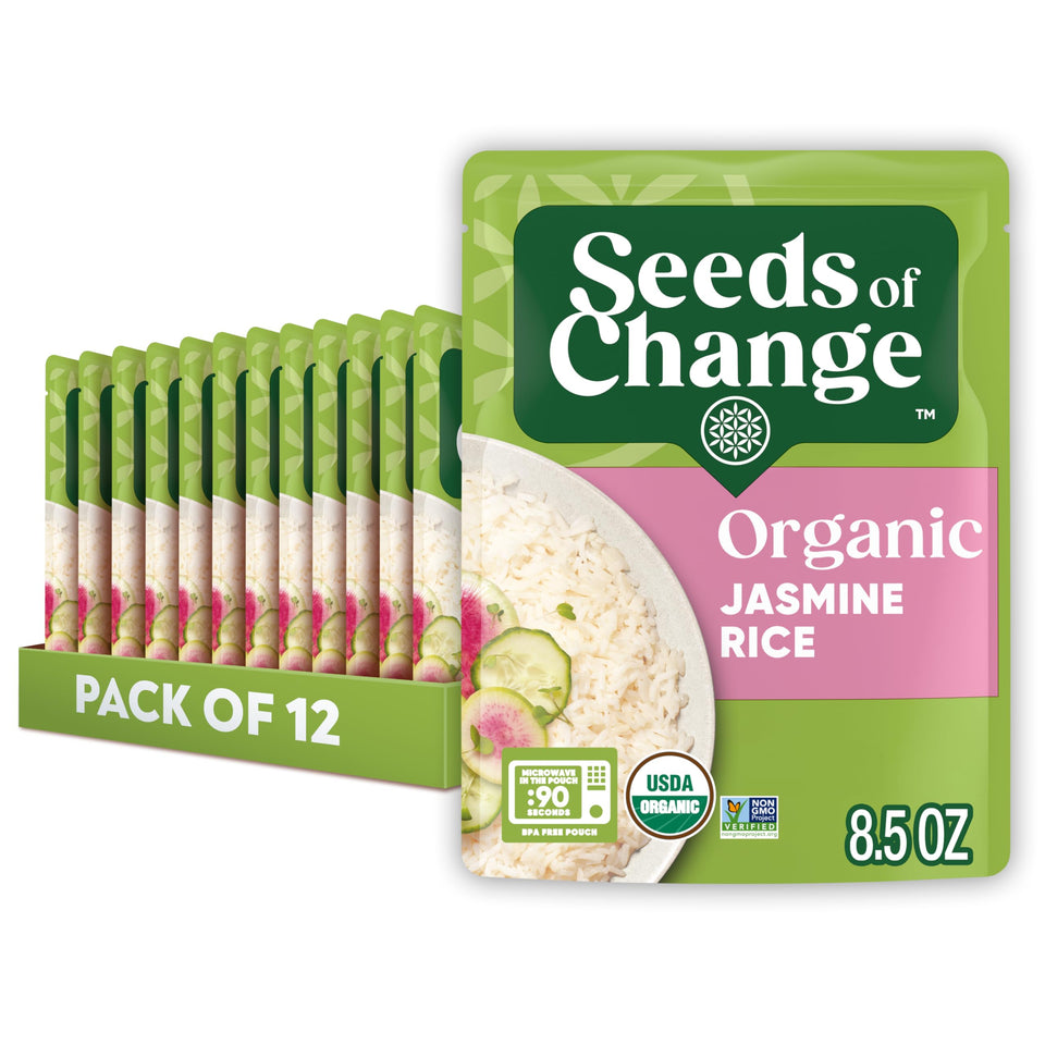 SEEDS OF CHANGE Jasmine Rice front pack ready for quick meals.