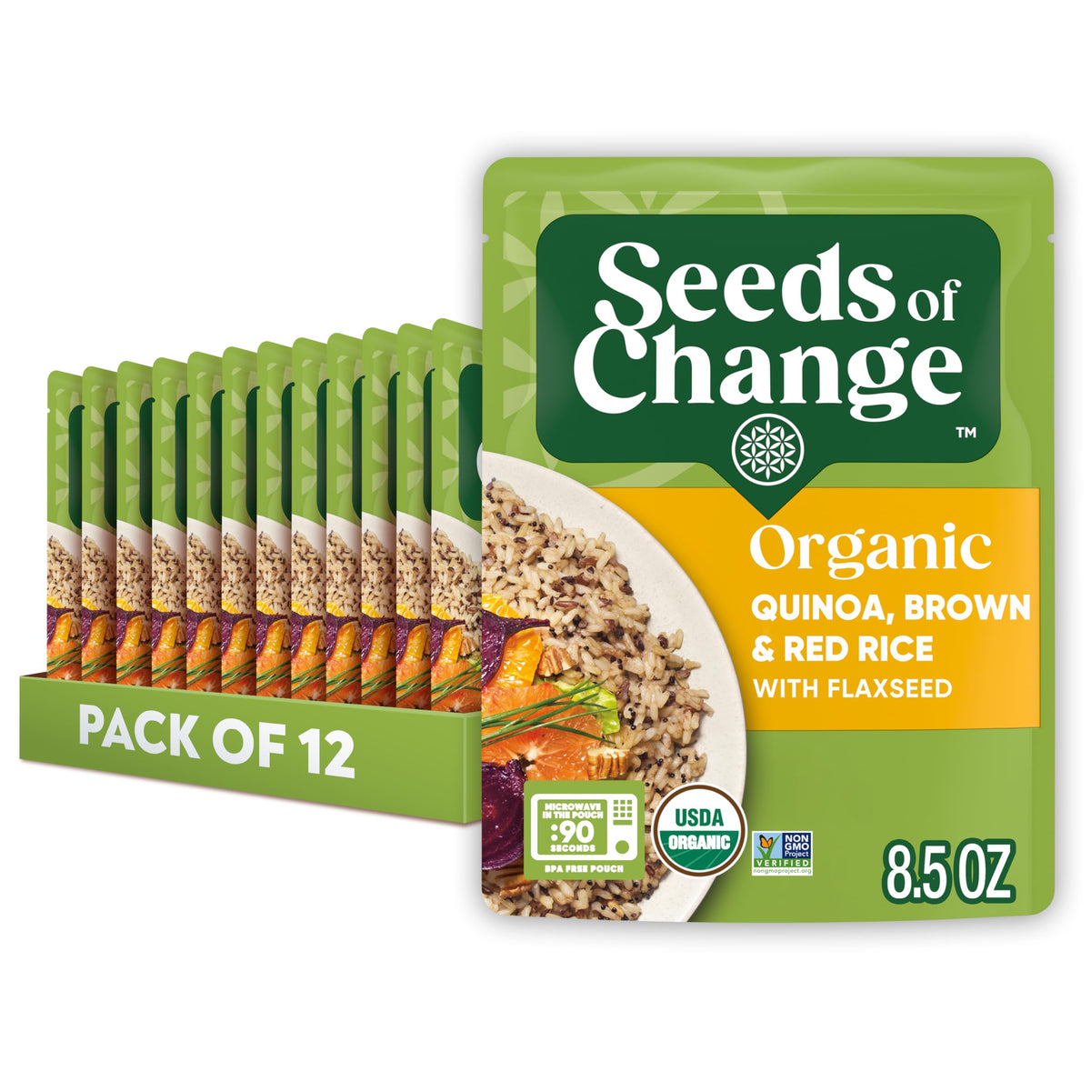 SEEDS OF CHANGE pack shot showing quinoa and rice flaxseed blend for quick meals.