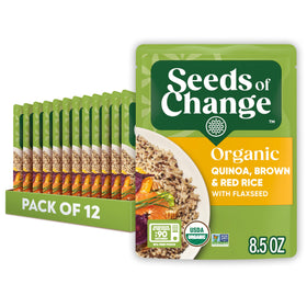 SEEDS OF CHANGE pack shot showing quinoa and rice flaxseed blend for quick meals.