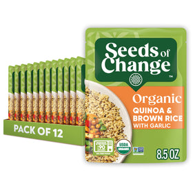 SEEDS OF CHANGE quinoa-brown-rice with garlic packaging ready for quick meals