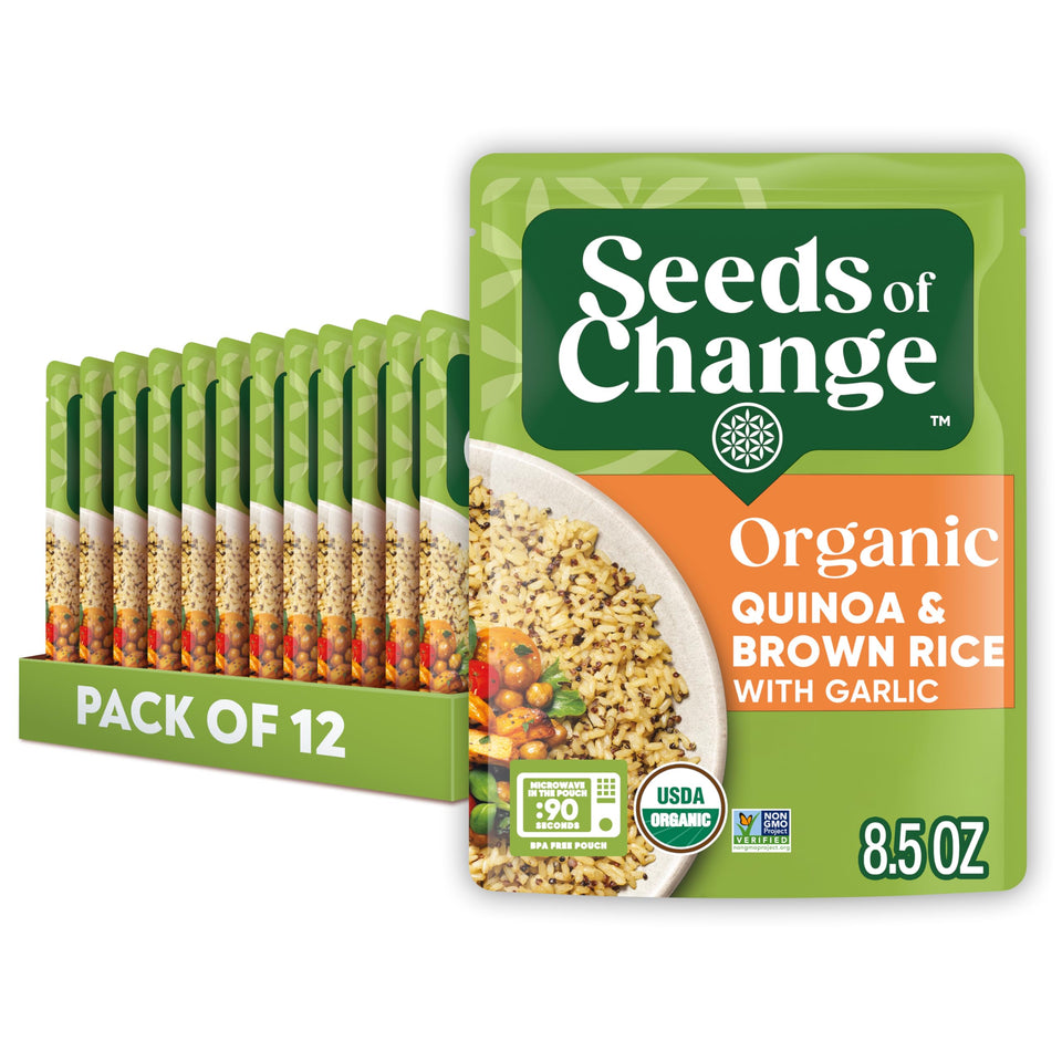 SEEDS OF CHANGE quinoa-brown-rice with garlic packaging ready for quick meals