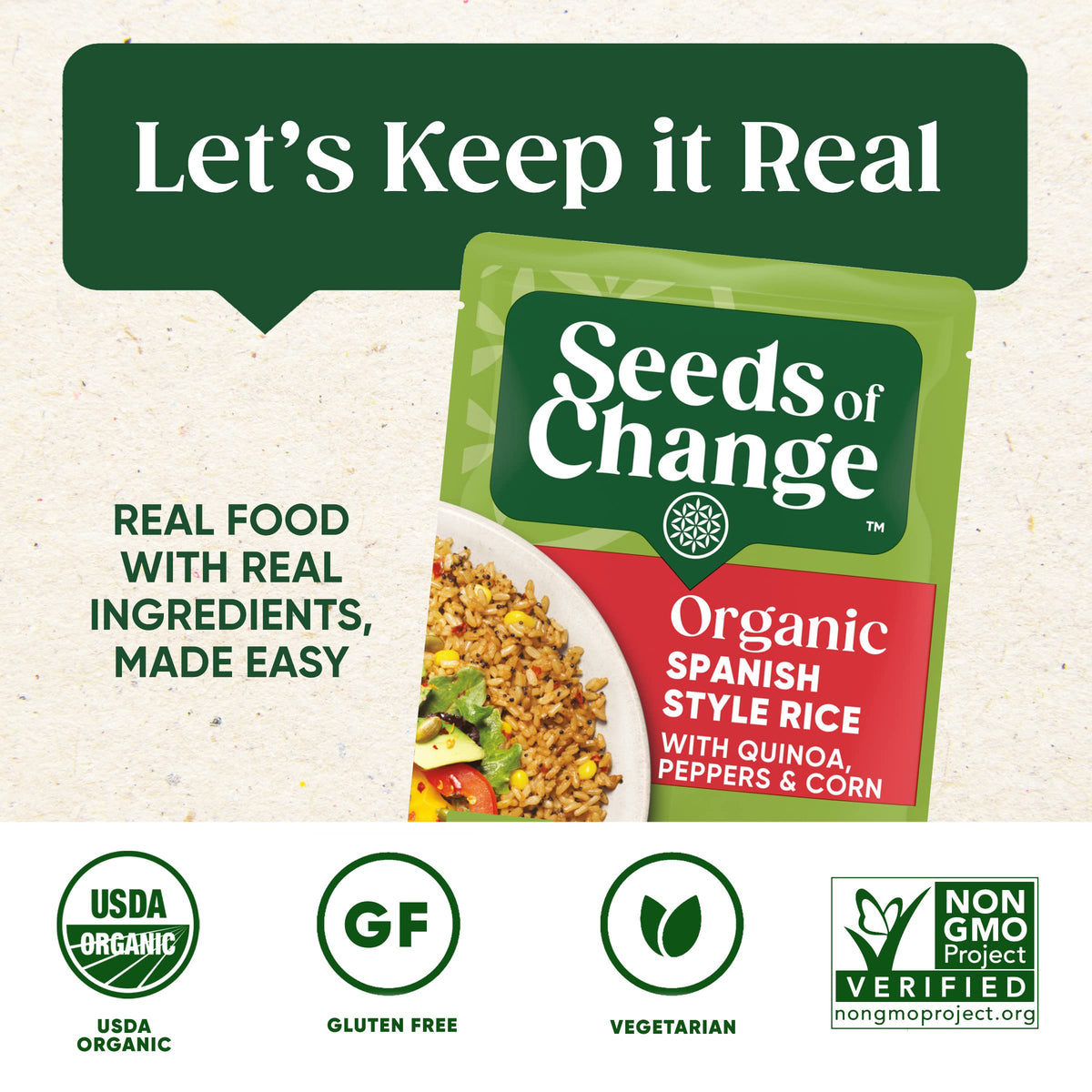 SEEDS OF CHANGE Spanish style rice with quinoa peppers corn bowl-serve with colorful ingredients