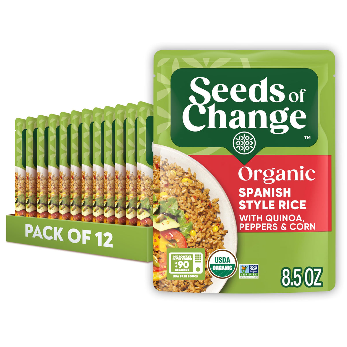 SEEDS OF CHANGE Spanish style rice with quinoa peppers corn packshot for quick weeknight meals