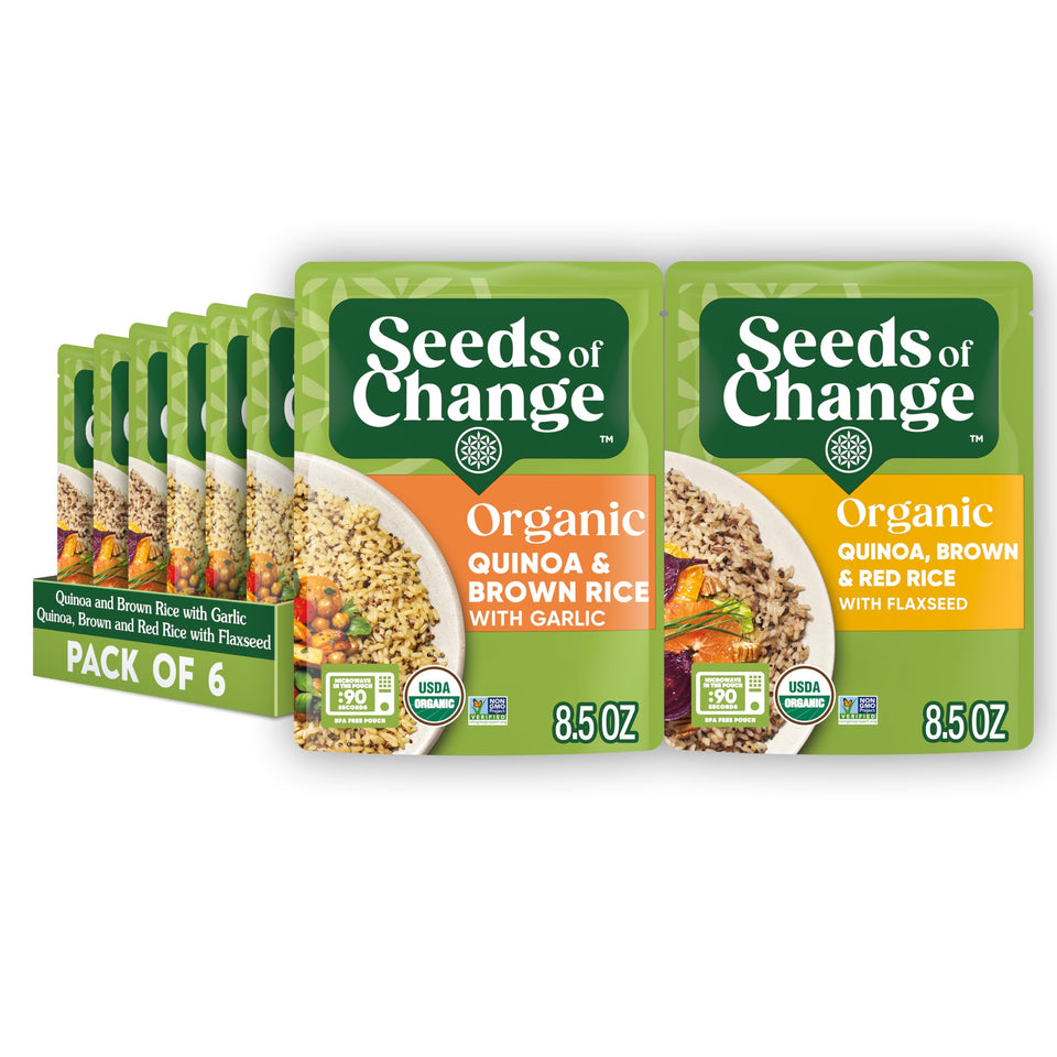 SEEDS OF CHANGE garlic-quinoa-brown-rice pouch ready for quick meals