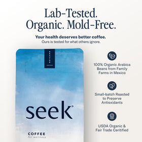 SEEK Mold Free Coffee bag close-up showcasing organic labeling and freshness.