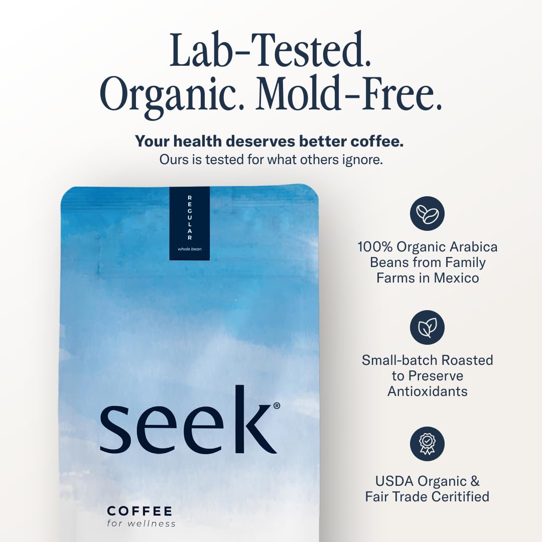 SEEK Organic Whole Bean Coffee bag highlights USDA Organic status and independent safety testing.