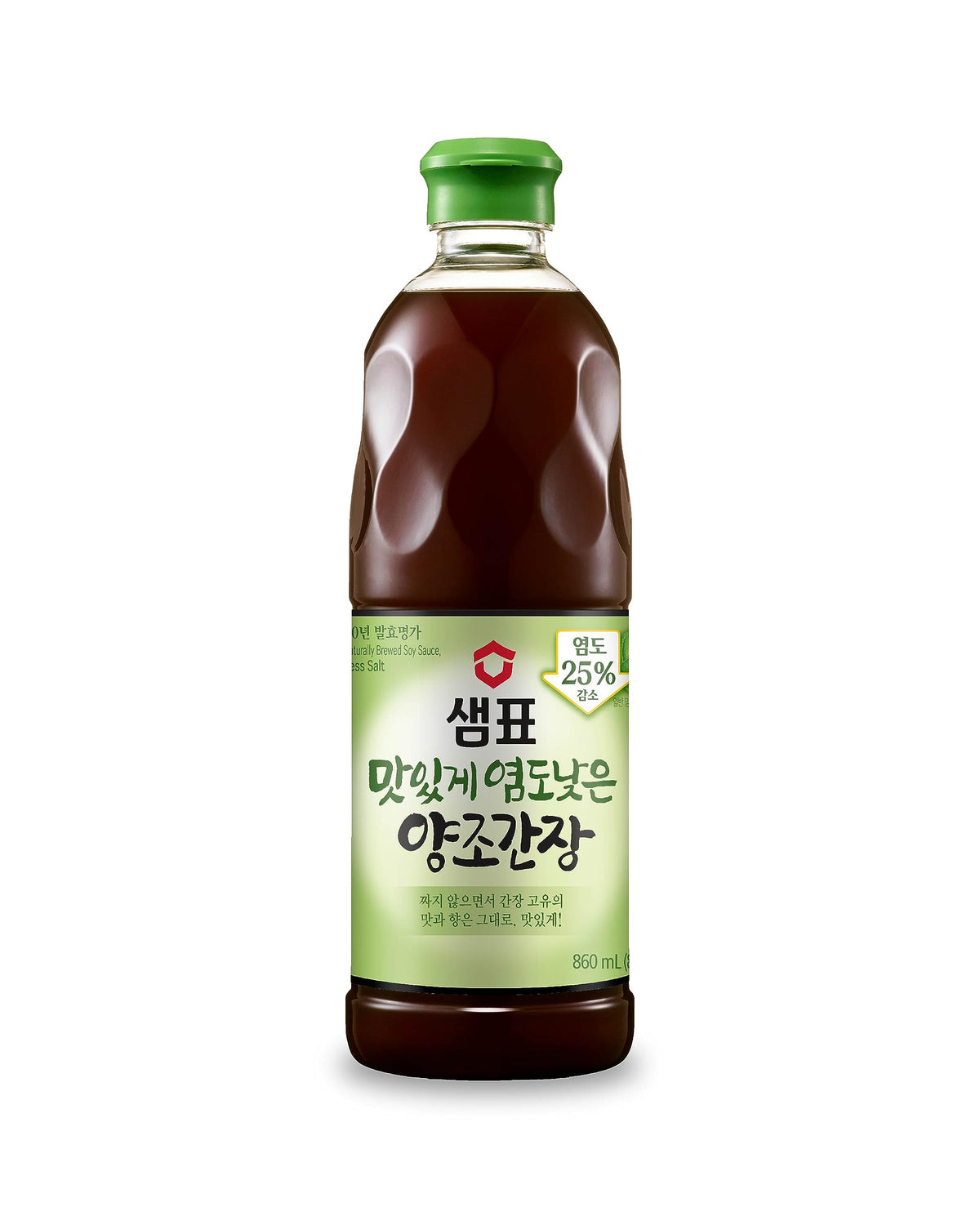 Sempio Naturally Brewed Low Sodium soy sauce bottle pouring with less salt
