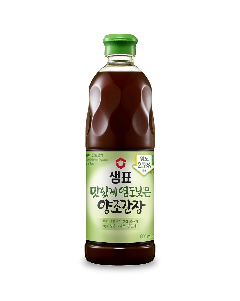 Sempio Naturally Brewed Low Sodium soy sauce bottle pouring with less salt