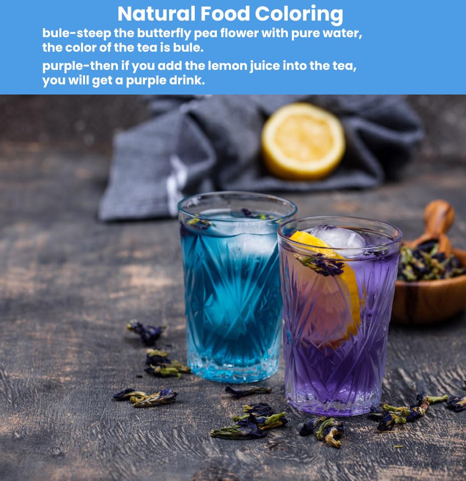 Color-change with lemon: Seeyoung butterfly pea flowers create purple tones in recipes.