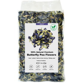 Seeyoung butterfly pea flowers in an 8oz pack for natural color in drinks.