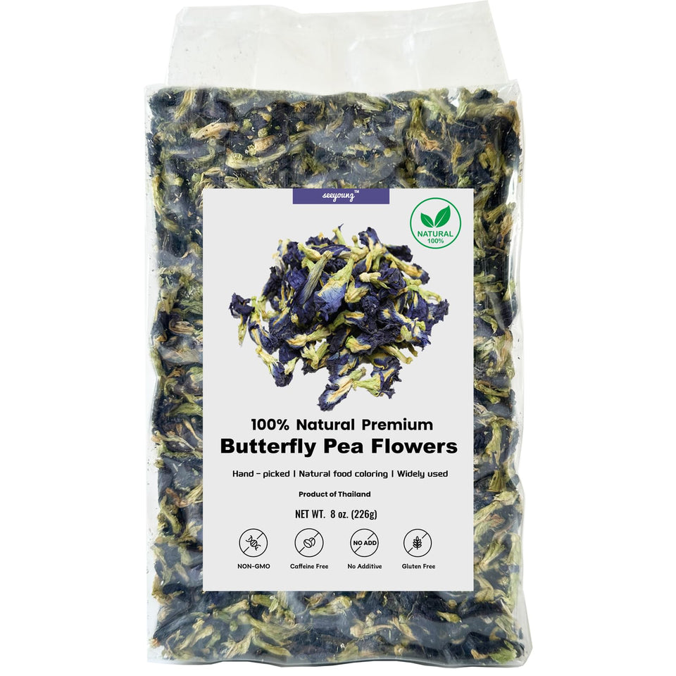 Seeyoung butterfly pea flowers in an 8oz pack for natural color in drinks.