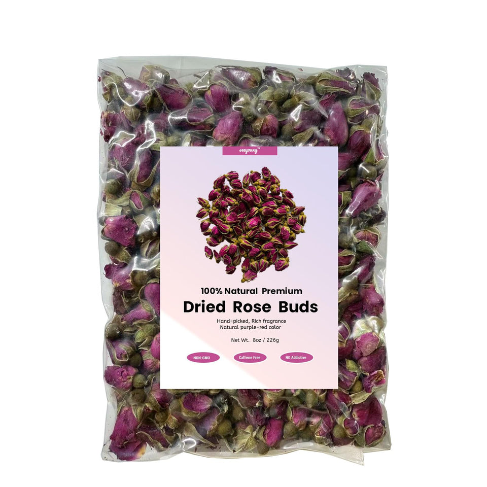 Seeyoung rose petals and buds in a clear jar, highlighting freshness.