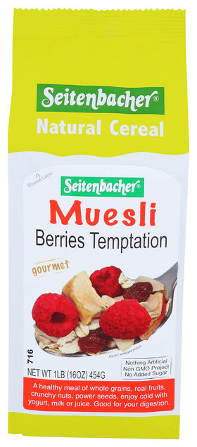 Seitenbacher Berries Temptation muesli pack with oats and raspberries for a wholesome breakfast