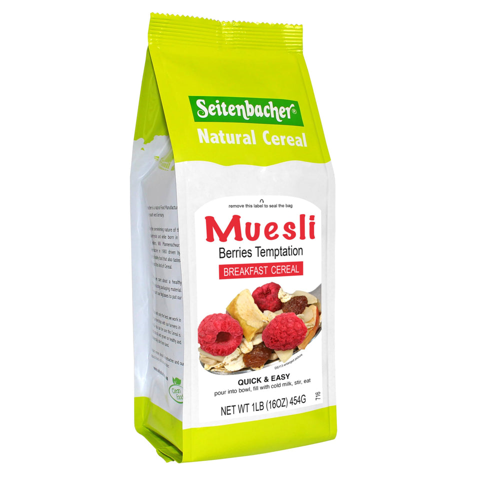 Packaging of Seitenbacher Muesli #2 Berries Temptation highlights GMO-free ingredients.