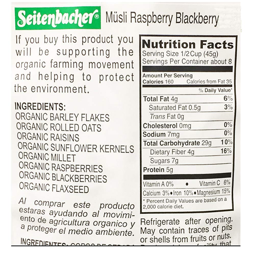 Seitenbacher Muesli almonds and raspberries close-up showing nutty texture and fruit notes