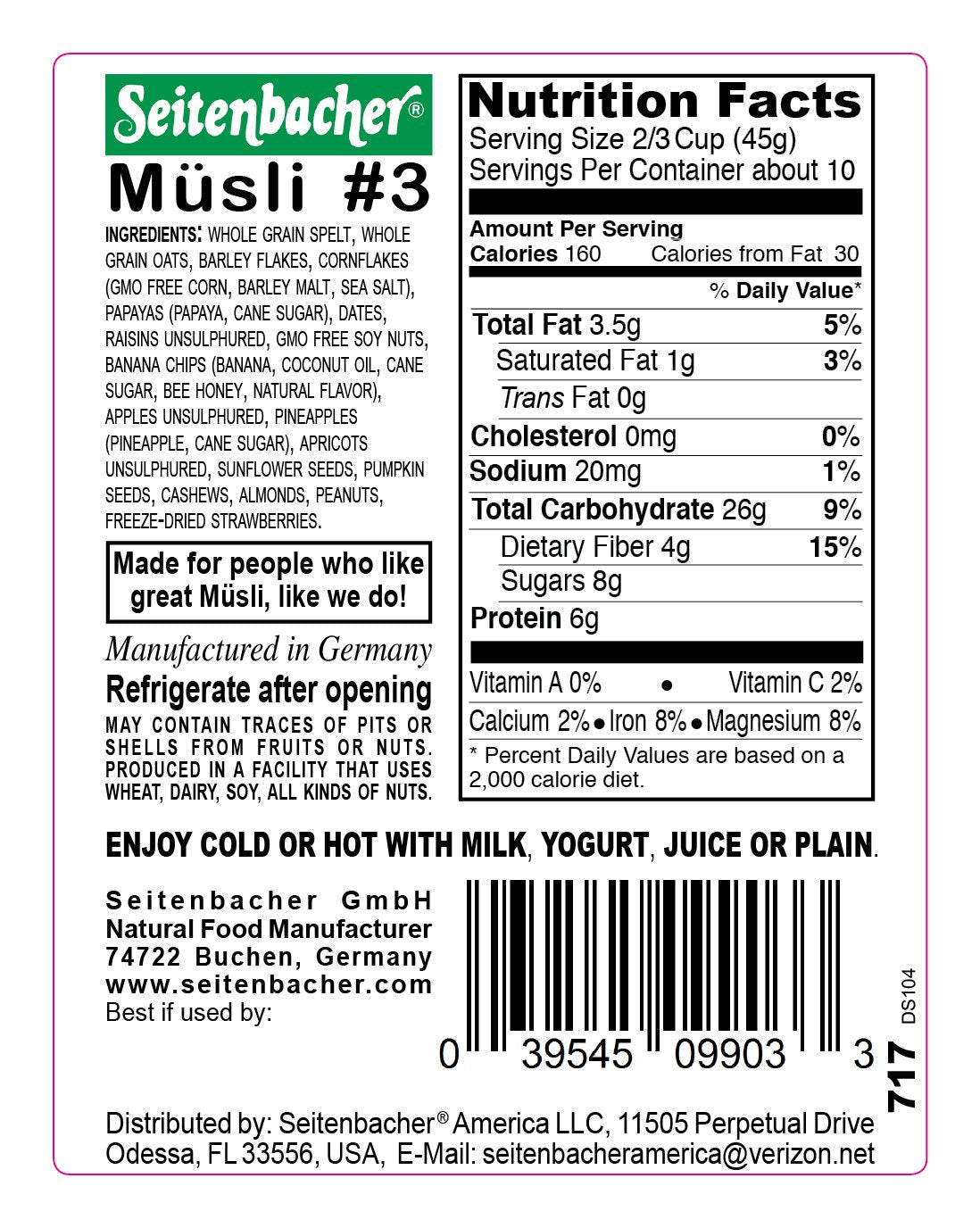 Seitenbacher Muesli Cereal #3 airtight foil packaging preserves freshness.