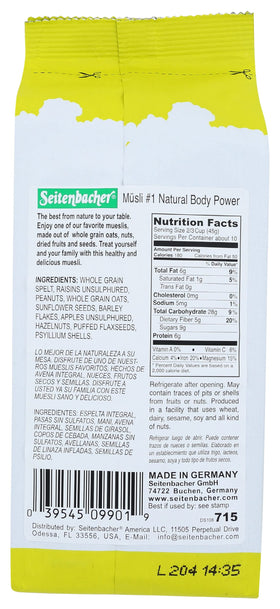 Pour of Seitenbacher Muesli No1 Natural Body Power for a GMO-free breakfast base.