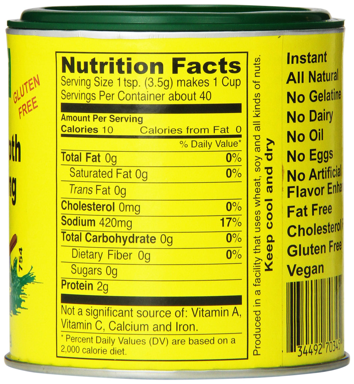 Seitenbacher Vegetarian Broth label close-up highlights vegan, additive-free formulation for cooking.