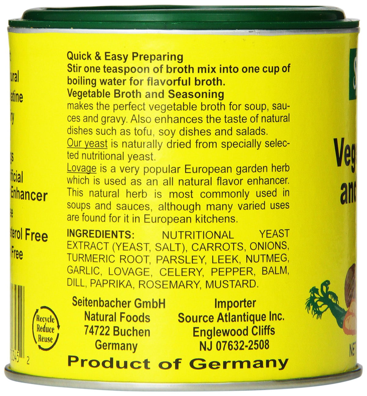 Seitenbacher Vegetarian Broth powder in a bowl offers clean, all-natural seasoning for vegan recipes.